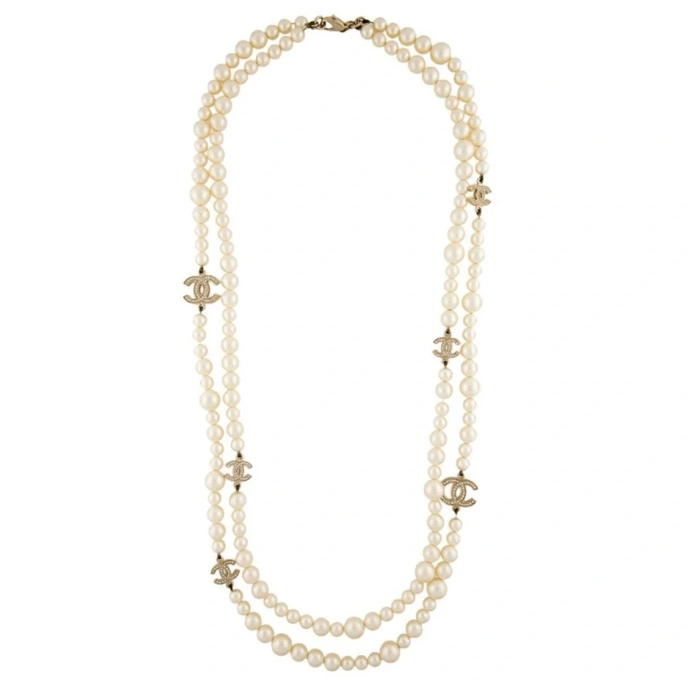 Chanel Faux Pearl & Strass CC Double Strand Rhinestone Logo Long Necklace - Picture 11 of 11